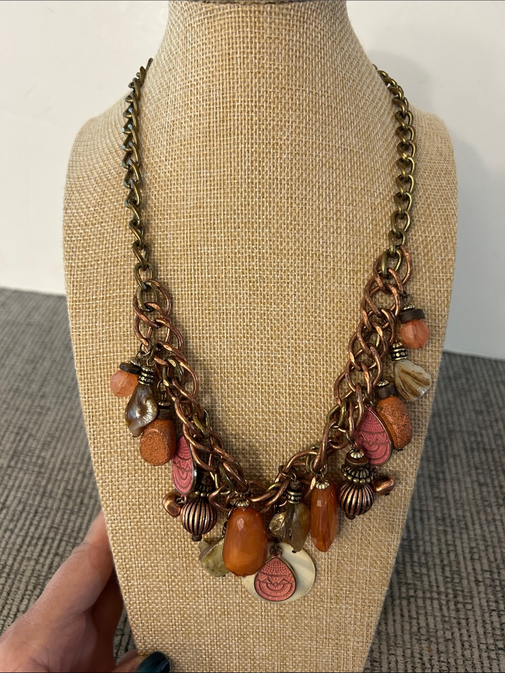 Ruby Rd. Copper-Tone Multi Charm Necklace with pink, peach Cream Accents, MOP